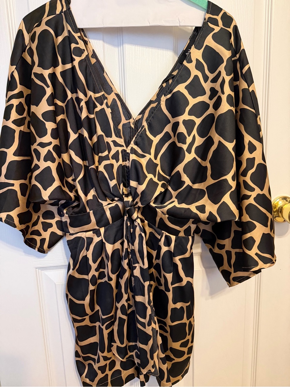 Aakaa Giraffe-Print Tie-Front Mini Dress - Black & Tan